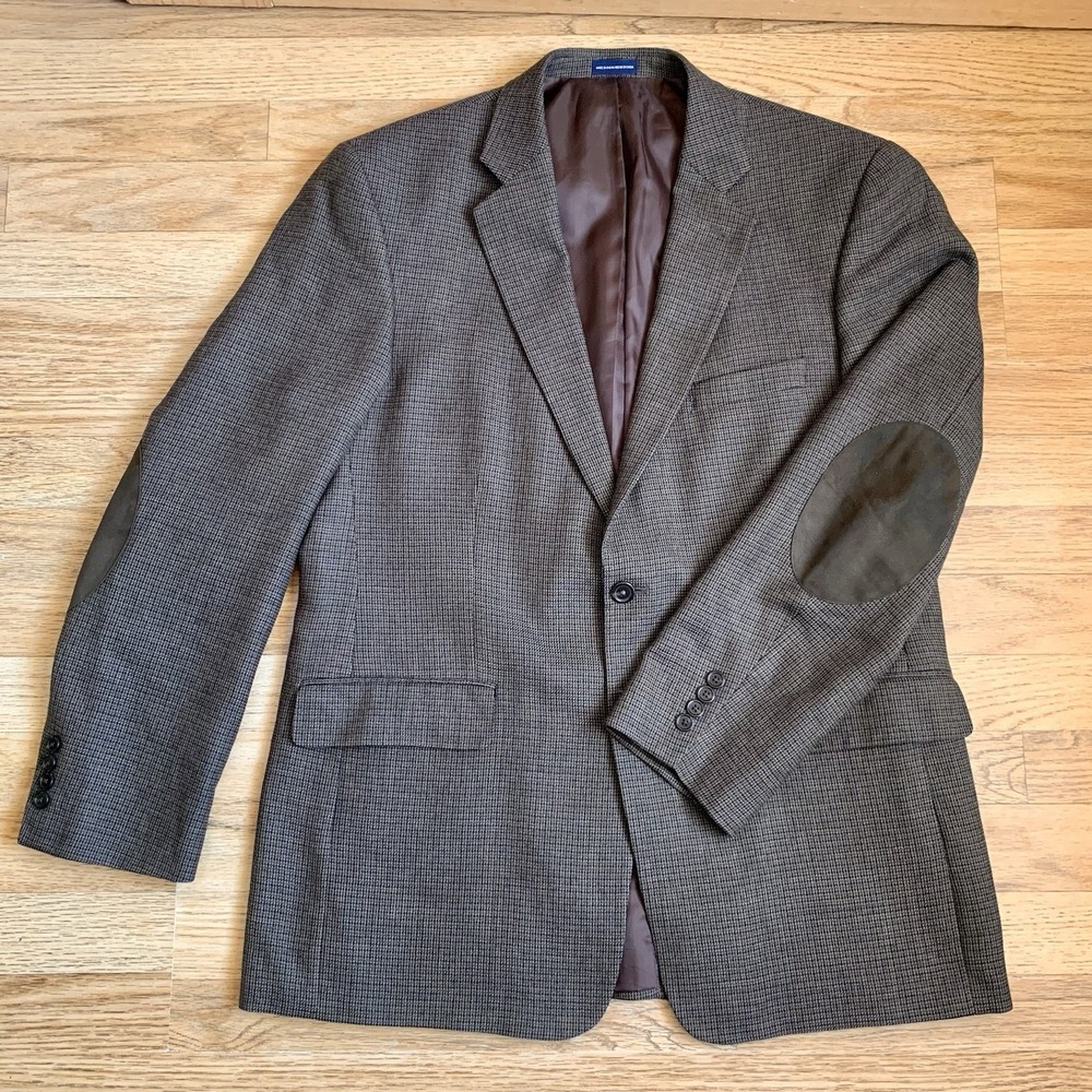 Stafford Essentials Sports Coat 44L Classic Fit Elbow‎ Patch Houndstooth Wool